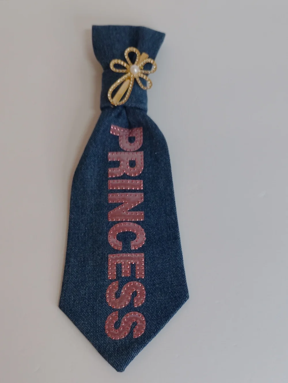 Denim Blue Kids Tie with Pink 'PRINCESS' Lettering and Gold Flower Accent
